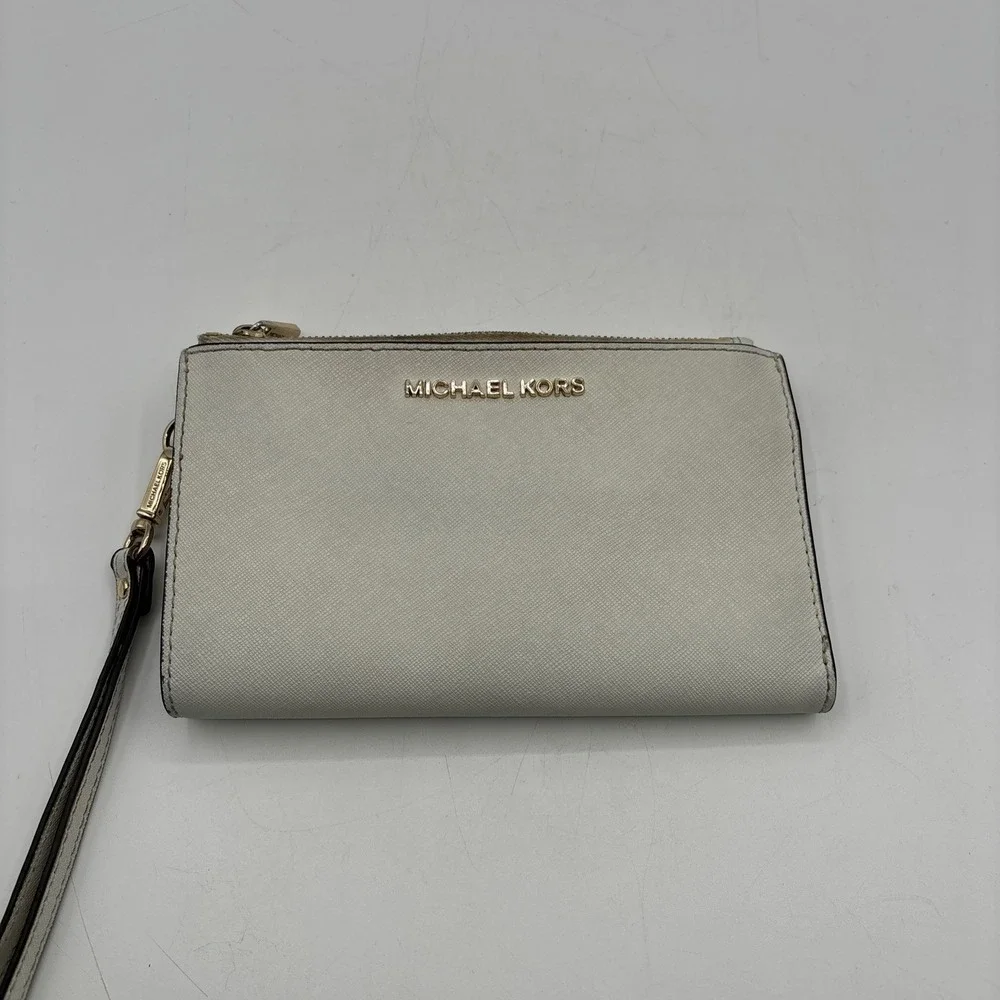 Michael Kors‎ Jet Set Travel Double Zip Saffiano Leather Wristlet Wallet White